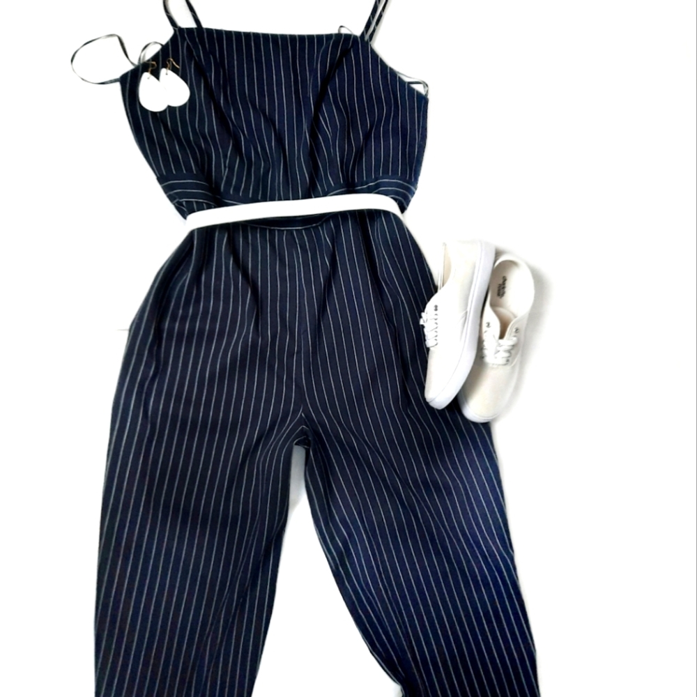 Striped Navy Jumpsuit with Adjustable Straps